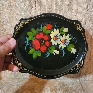 Vintage Russian Lacquer Papier Paper Mache 7 1/2"Tray Floral Marked
